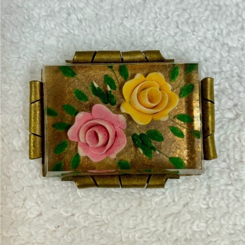 Vintage 1930s floral lucite brass brooch